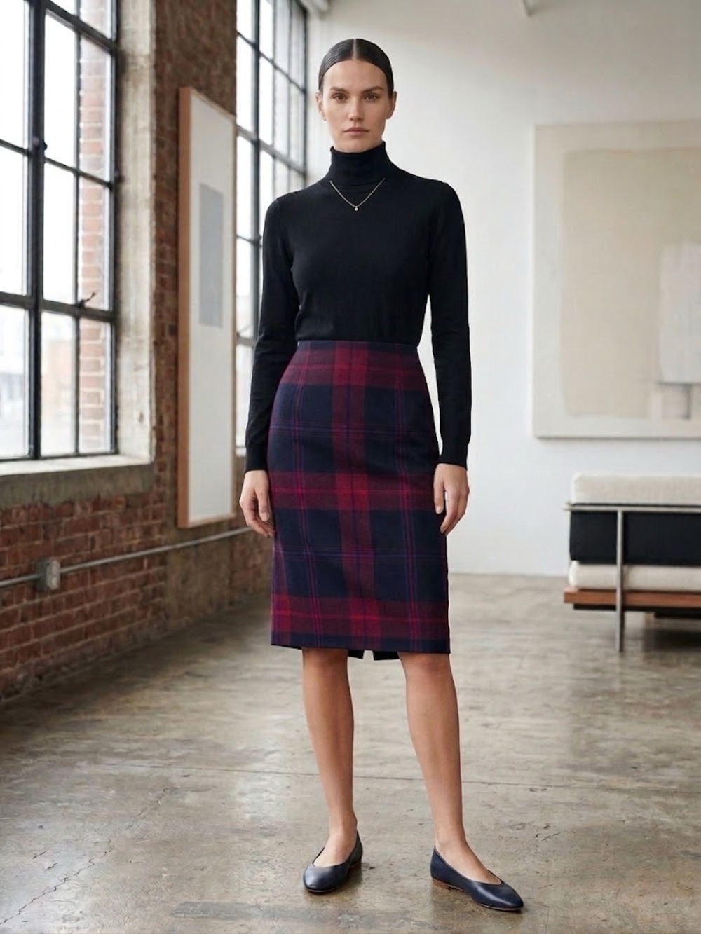 Tommy Hilfiger Plaid Pencil Skirt Size 6 / Jupe Crayon Tartan Bordeaux Navy
